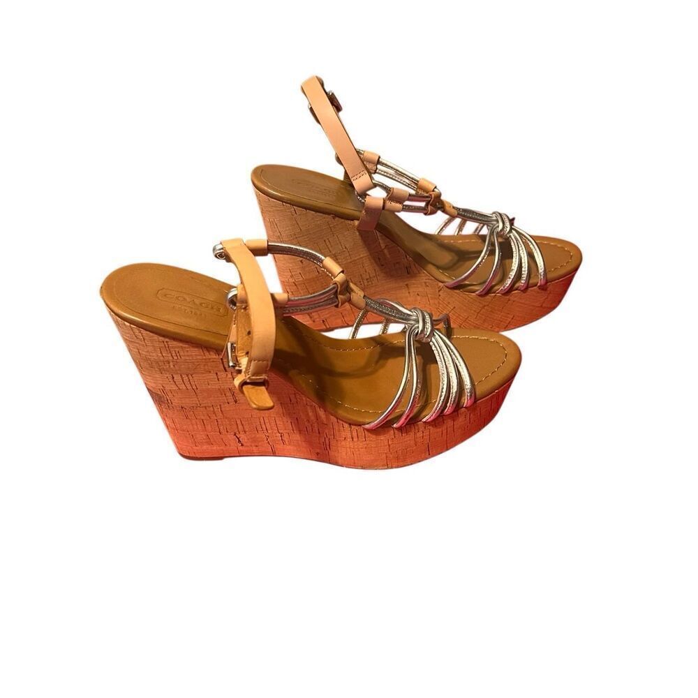 Coach Womens Georgina Metallic Strappy Cork Platform Wedge Sandals Tan Size 8.5B